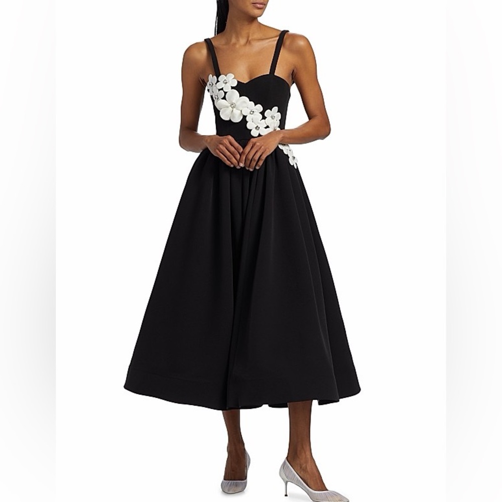 Bronx and Banco Black Midi Dress with White Floral Appliqué